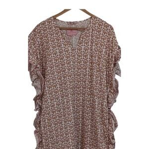 Quiet Culture Cotton Poplin Lounge Dress Pink Green Geometric Ruffle Trim NWT